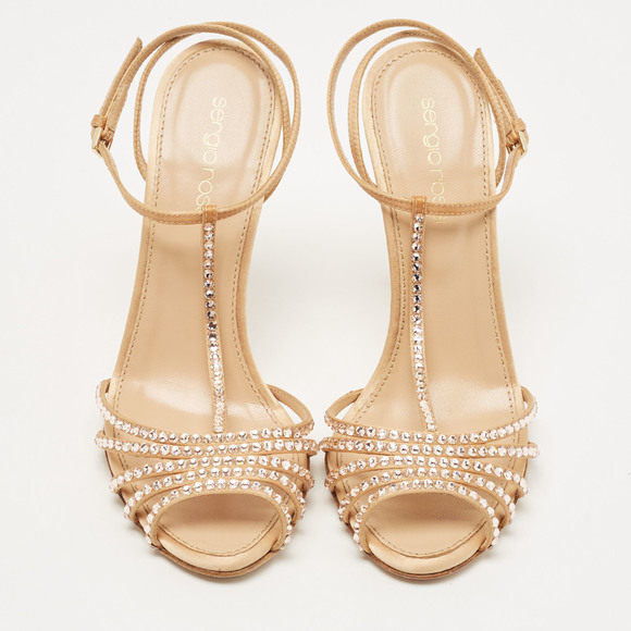 Sergio Rossi Gold Crystal Embellished Satin T-Bar Ankle Strap Sandals Size 36 - Picture 2 of 8